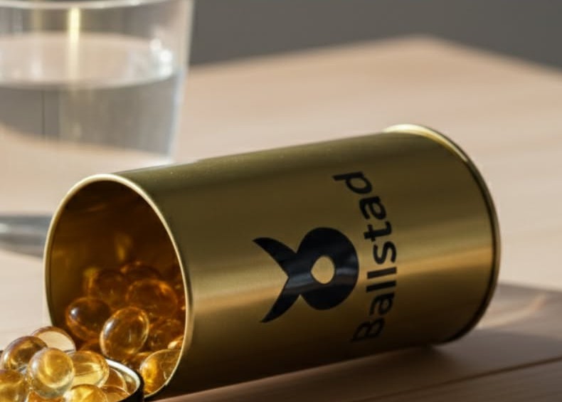 Gold Ballstad tin lying on its side with omega-3 capsules spilling out beside a glass of water