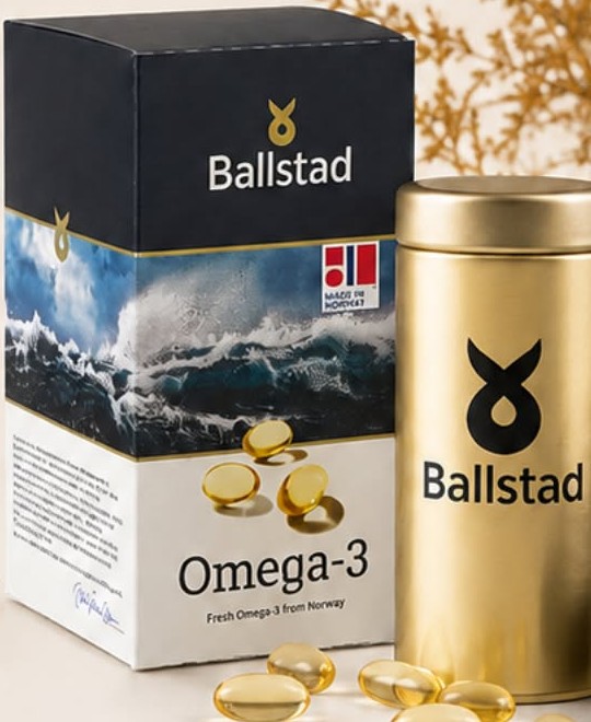 Ballstad Omega-3 box with a gold storage tin and loose capsules in front