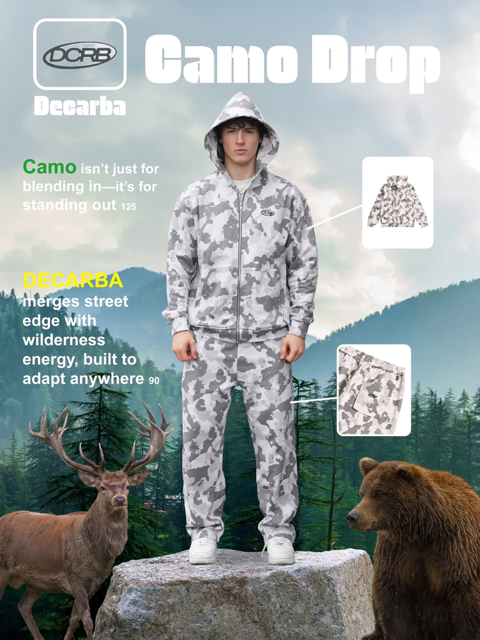 DCRB Camo Drop campaign featuring a matching camo hoodie and sweatpants set