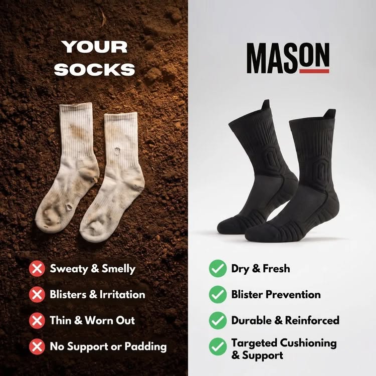 Comparison of a worn-out sweaty sock against a fresh Mason work sock