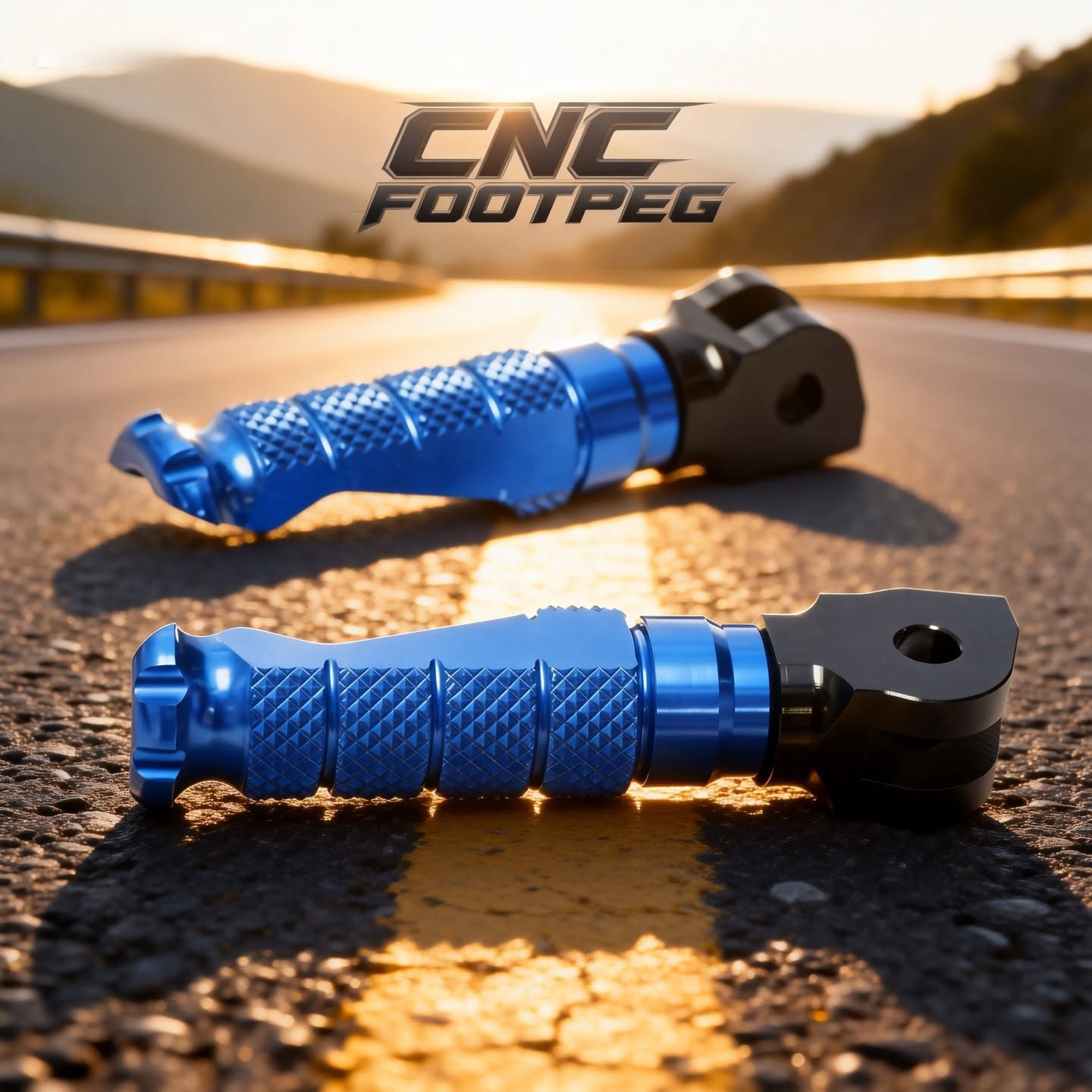 Pair of blue anodized CNC motorcycle footpegs with knurled grip on a road at sunset