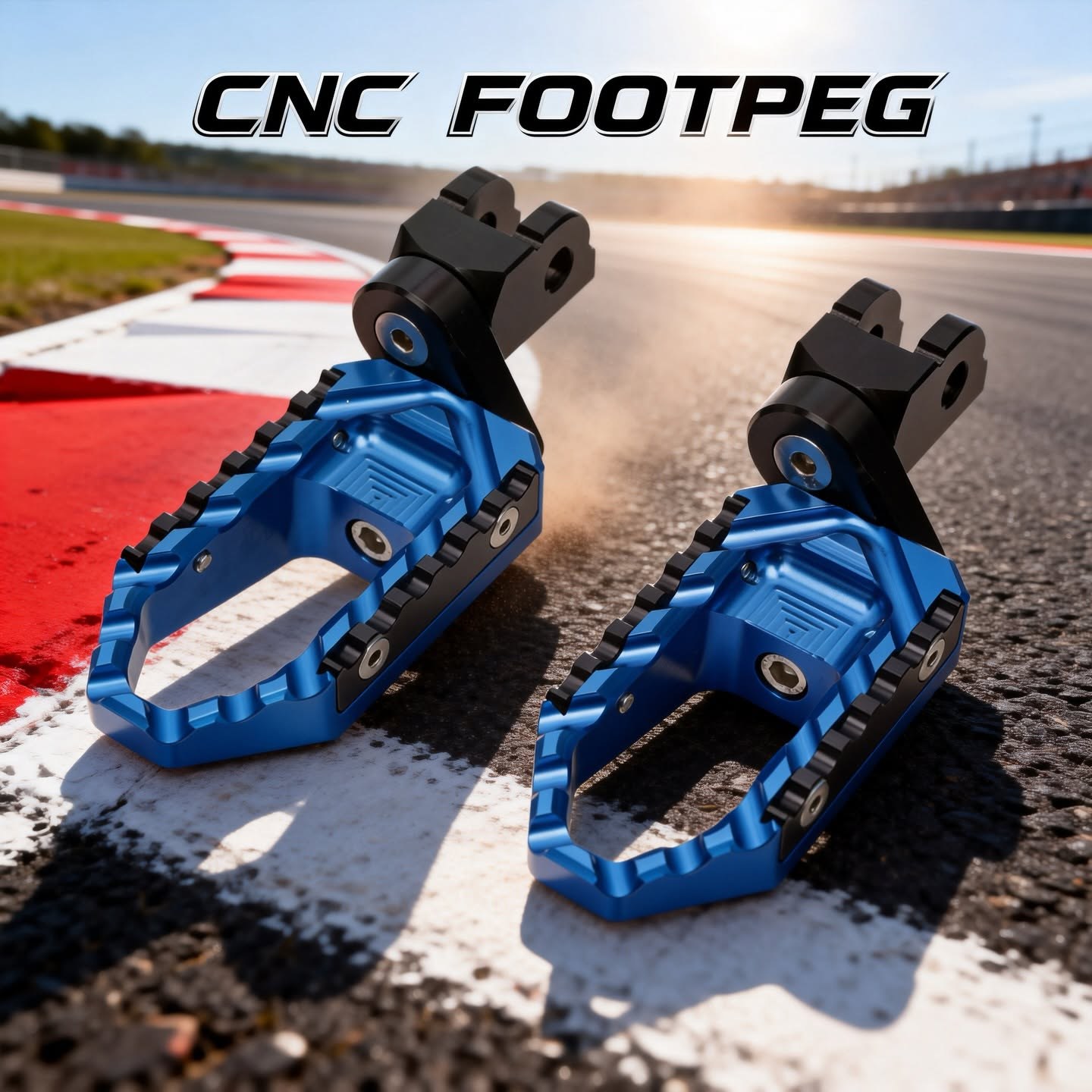 Blue CNC adjustable footpegs with serrated edges on a racetrack curb