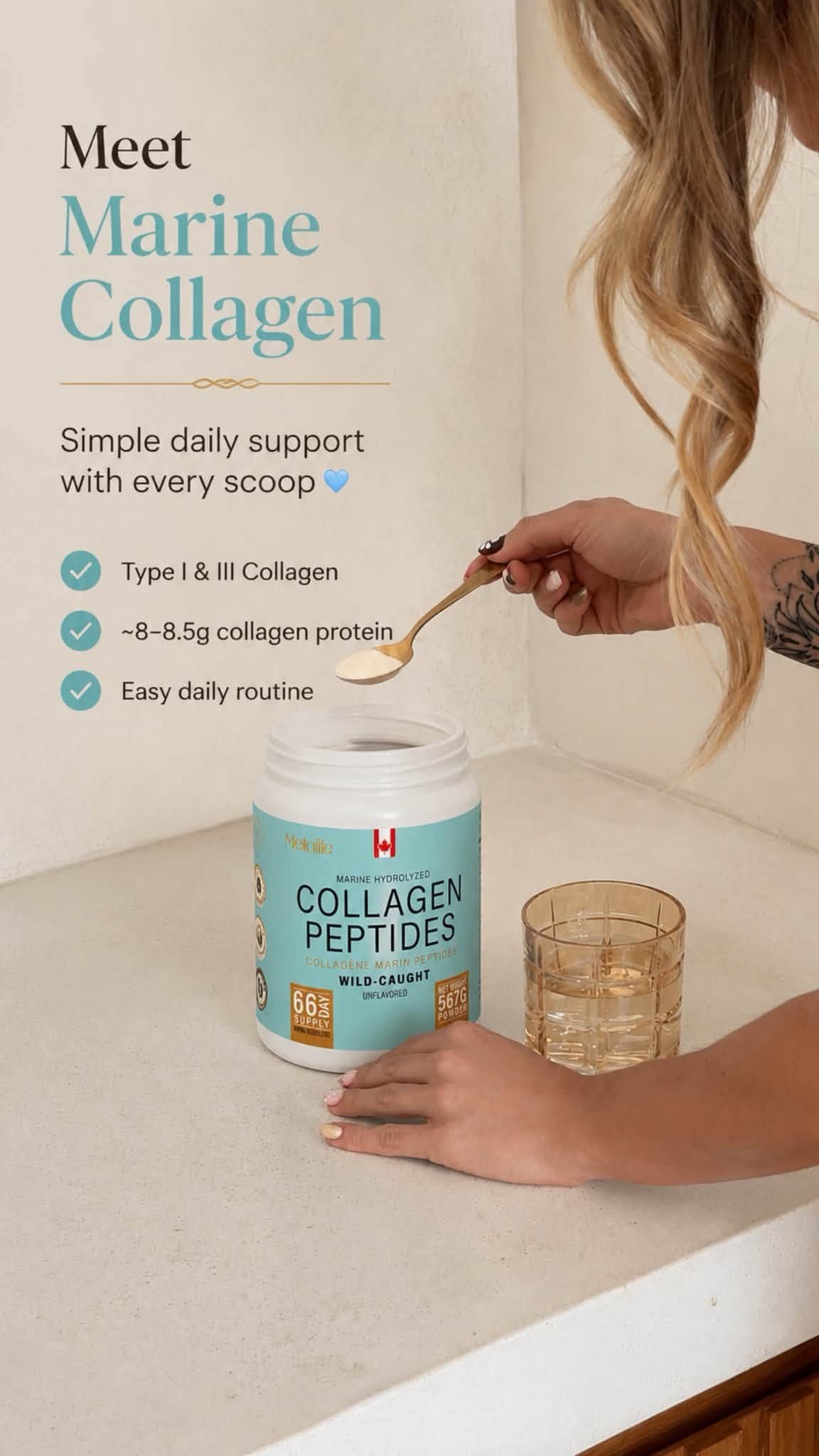 Metalife marine hydrolyzed collagen peptides jar with a scoop of unflavored powder and a glass of water