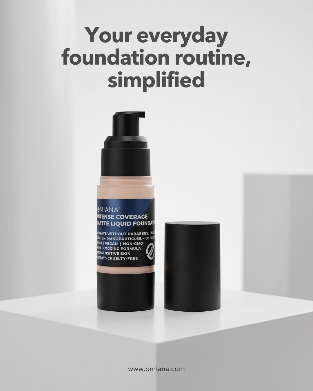 Omiana Intense Coverage Matte Liquid Foundation pump bottle with its cap beside it