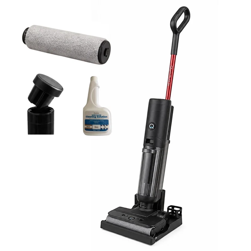 Quantum vacuum with its replacement brush roll, cleaning solution and accessory attachments laid out