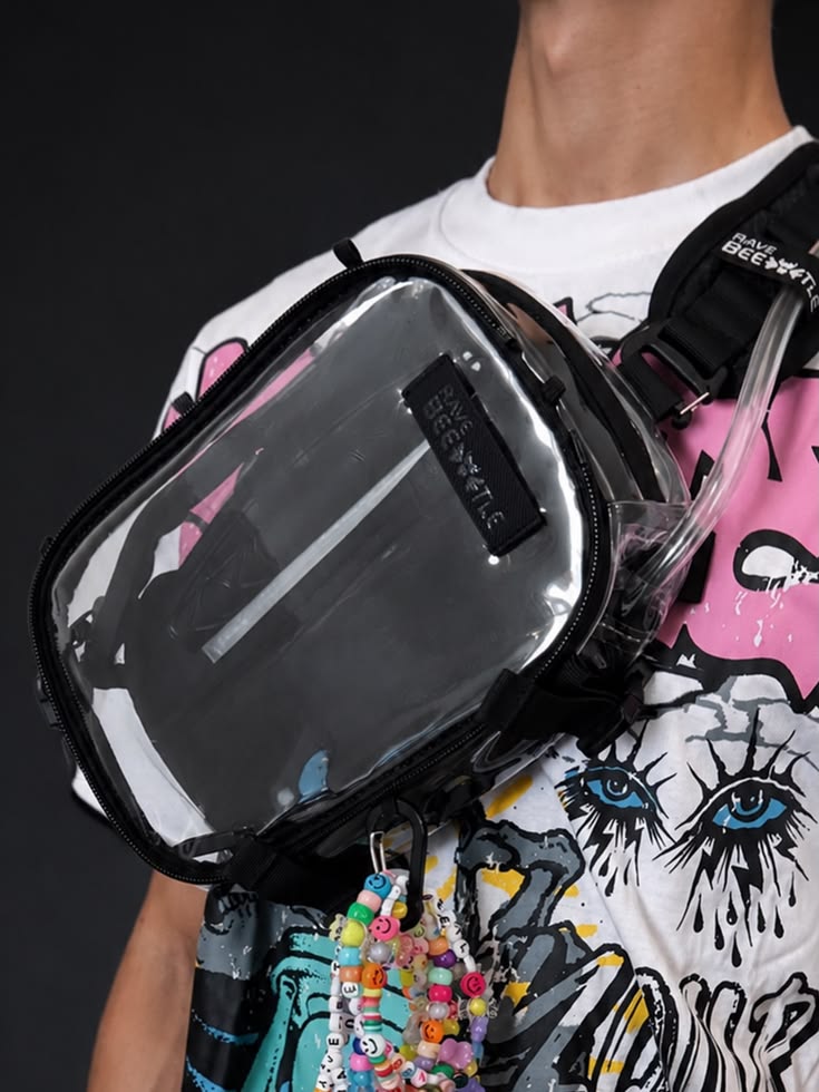 Close-up of the clear RaveBeetle HART sling pack with hydration tube