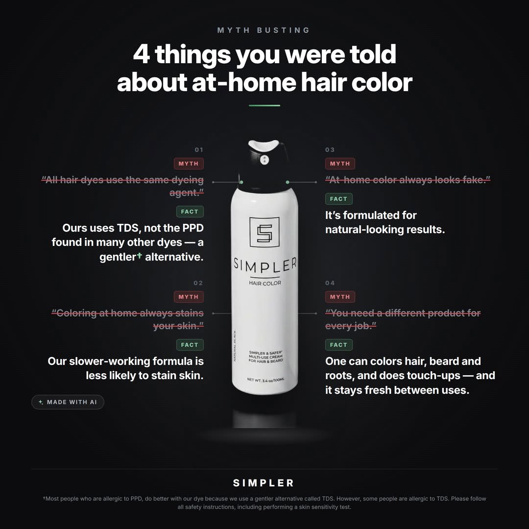 Infographic comparing Simpler Hair Color's TDS formula to PPD used in standard dyes