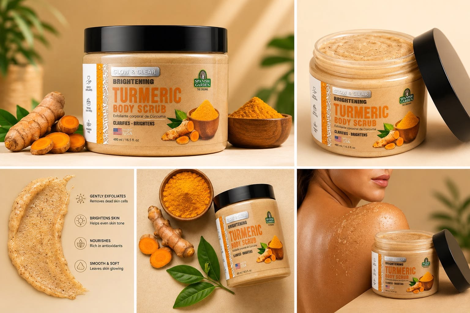 Spanish Garden Turmeric Body Scrub with turmeric root, texture swatch and application on skin