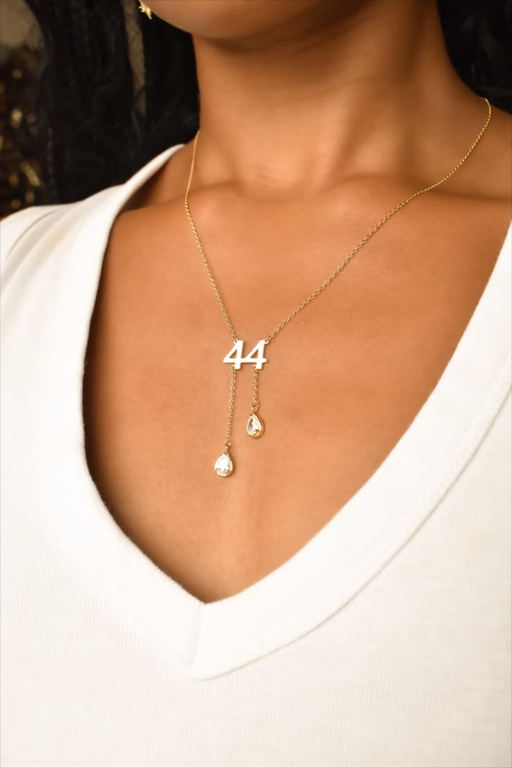 Custom initial and number drip necklace with crystal drop charms