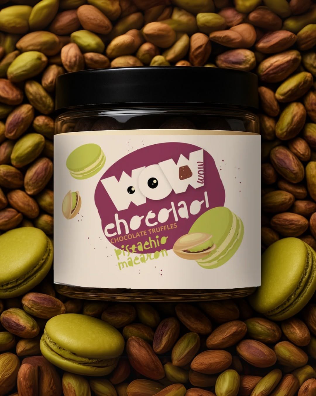 WOW Chocolao! pistachio macaron chocolate truffle gift jar surrounded by pistachios and macarons
