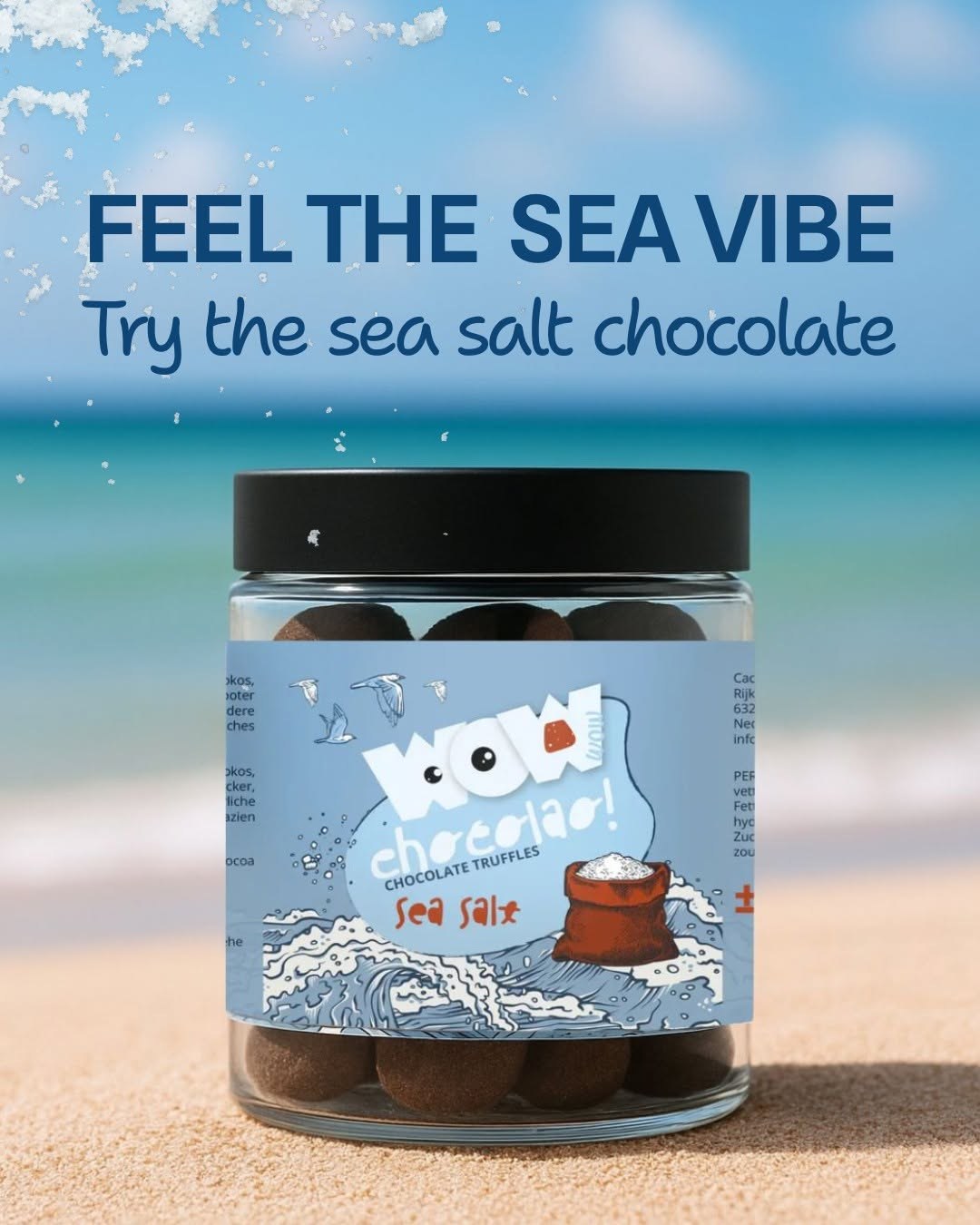 WOW Chocolao! sea salt chocolate truffle jar on a sunny beach
